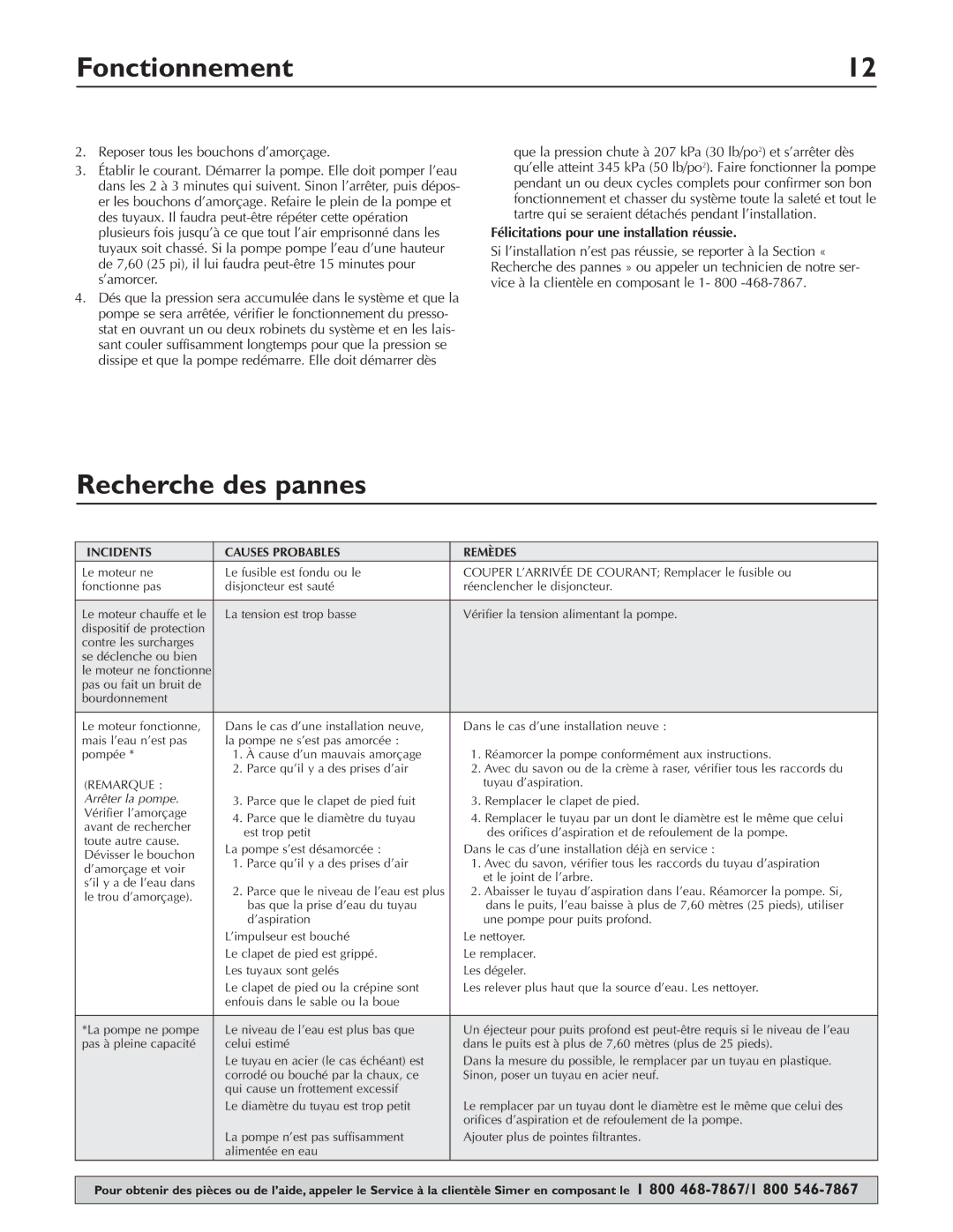 Simer Pumps 2825SS owner manual Fonctionnement, Recherche des pannes, Félicitations pour une installation réussie 