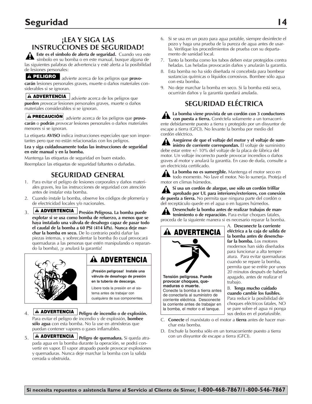 Simer Pumps 2825SS owner manual ¡LEA Y Siga LAS Instrucciones DE Seguridad, Seguridad General, Seguridad Eléctrica 