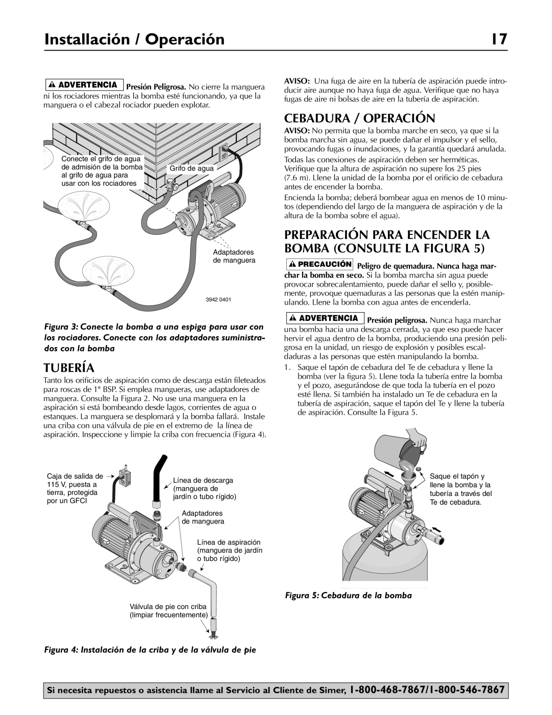 Simer Pumps 2825SS owner manual Installación / Operación, Cebadura / Operación, Tubería 