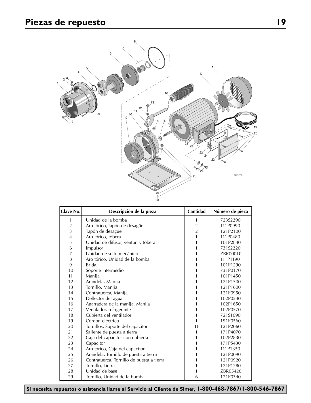 Simer Pumps 2825SS owner manual Piezas de repuesto, Clave No, Descripción de la pieza, Cantidad, Número de pieza 