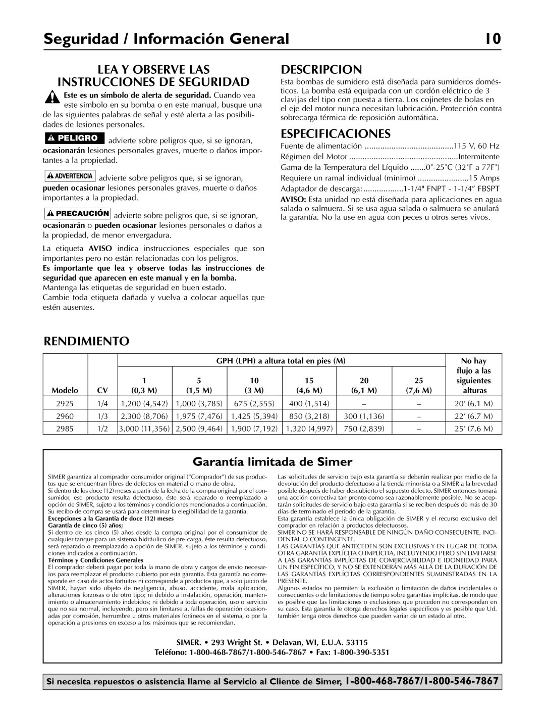 Simer Pumps 2985 Seguridad / Información General, LEA Y Observe LAS Instrucciones DE Seguridad, Descripcion, Rendimiento 