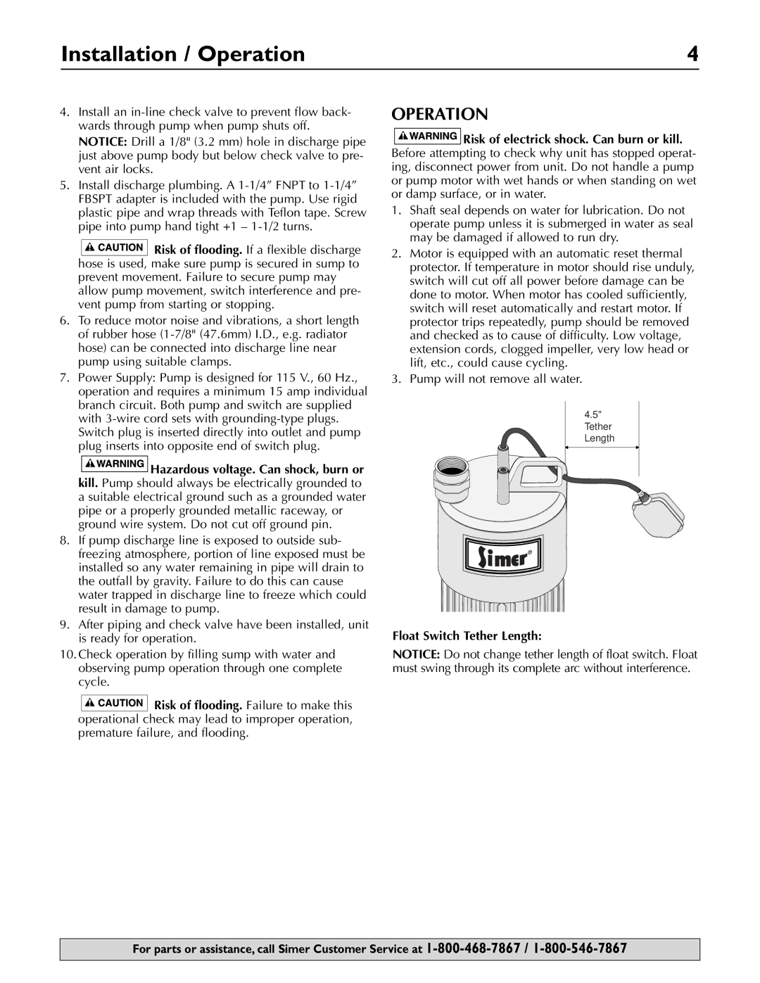 Simer Pumps 2985, 2925, 2960 owner manual Installation / Operation 