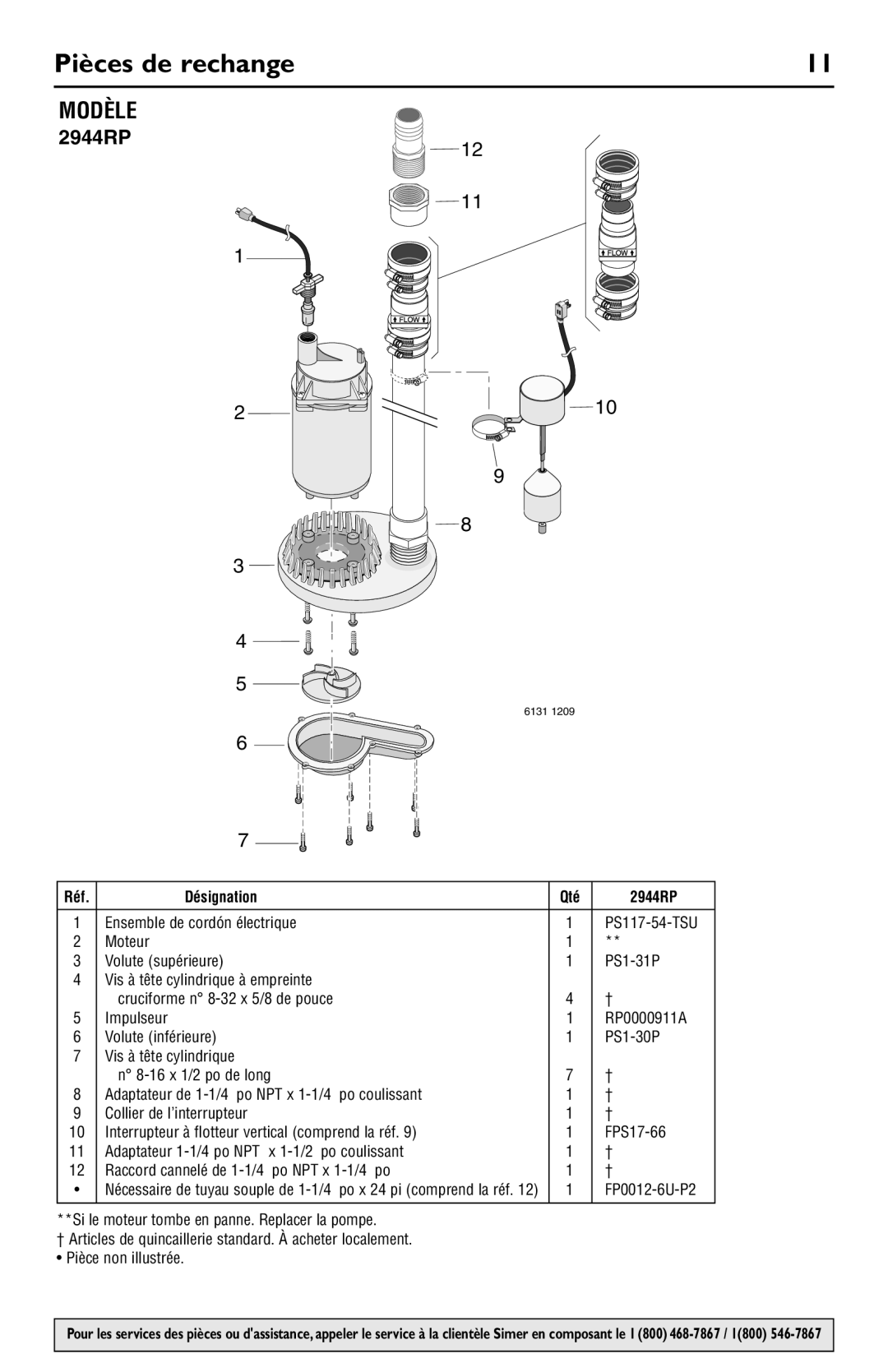 Simer Pumps owner manual Pièces de rechange, Modèle, Réf Désignation Qté 2944RP 