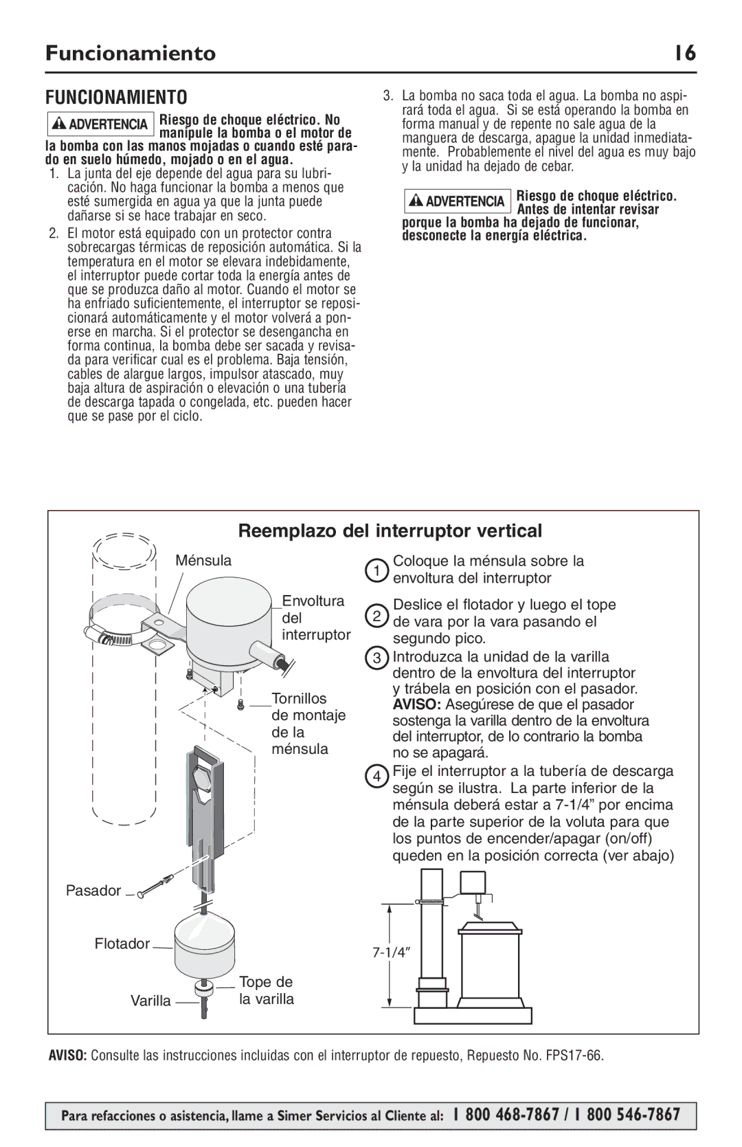 Simer Pumps 2944RP owner manual Funcionamiento 