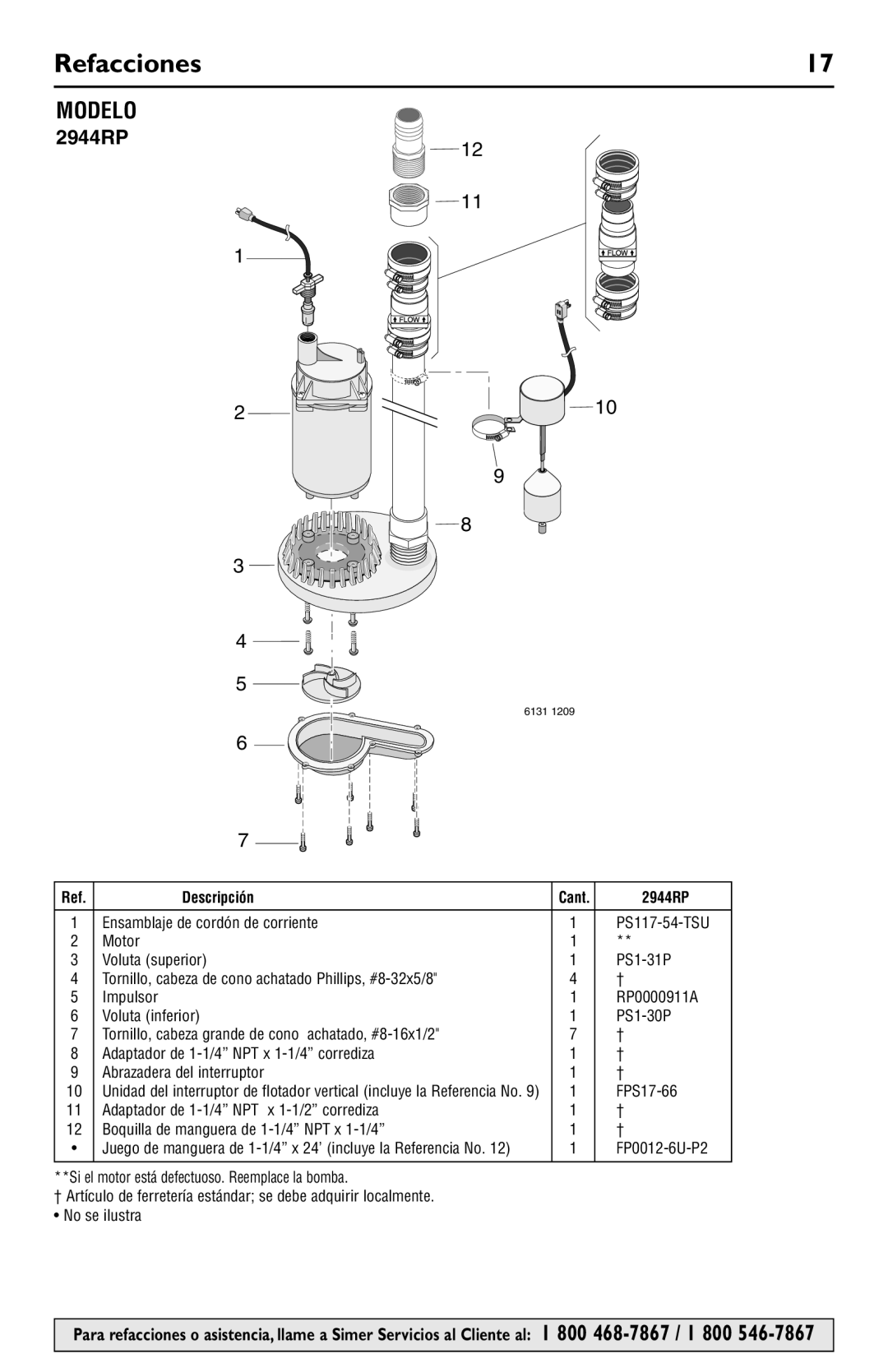 Simer Pumps 2944RP owner manual Refacciones, Modelo, Descripción 