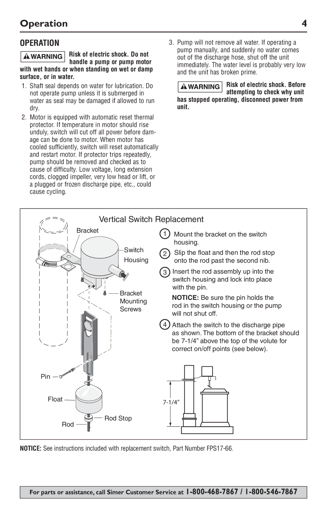 Simer Pumps 2944RP owner manual Operation 