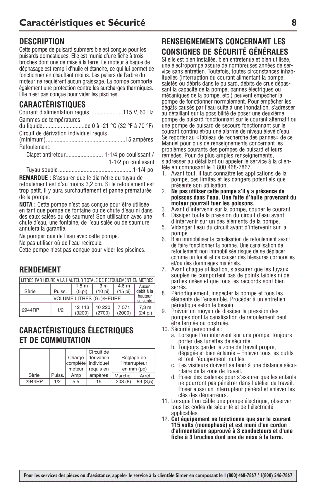 Simer Pumps 2944RP owner manual Caractéristiques et Sécurité, Rendement 