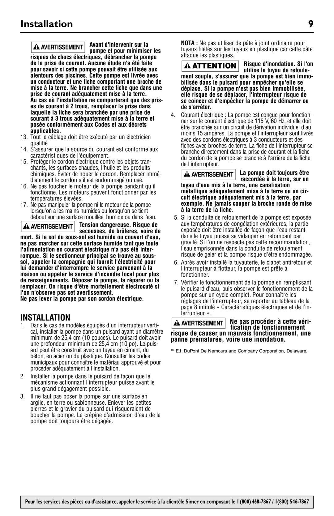 Simer Pumps 2944RP owner manual Installation, Ne pas lever la pompe par son cordon électrique 