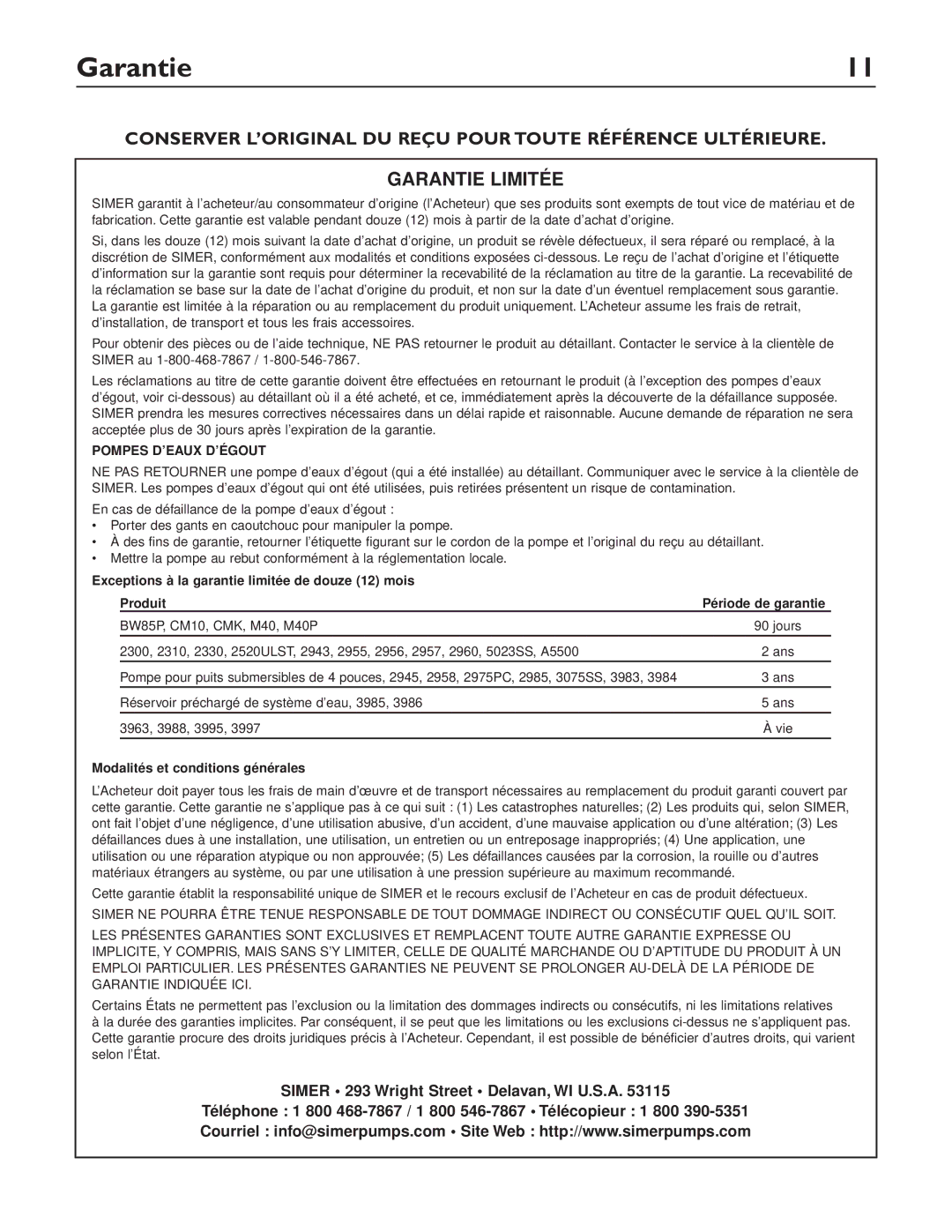 Simer Pumps 2957-04, 2955-04, 2905-04 owner manual Garantie Limitée 