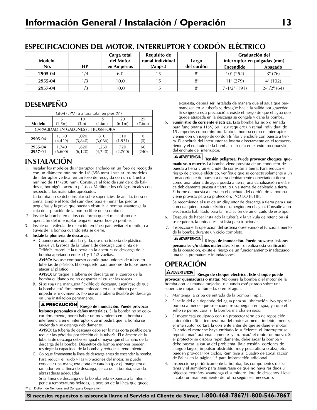 Simer Pumps 2905-04, 2955-04, 2957-04 owner manual Información General / Instalación / Operación, Desempeño 