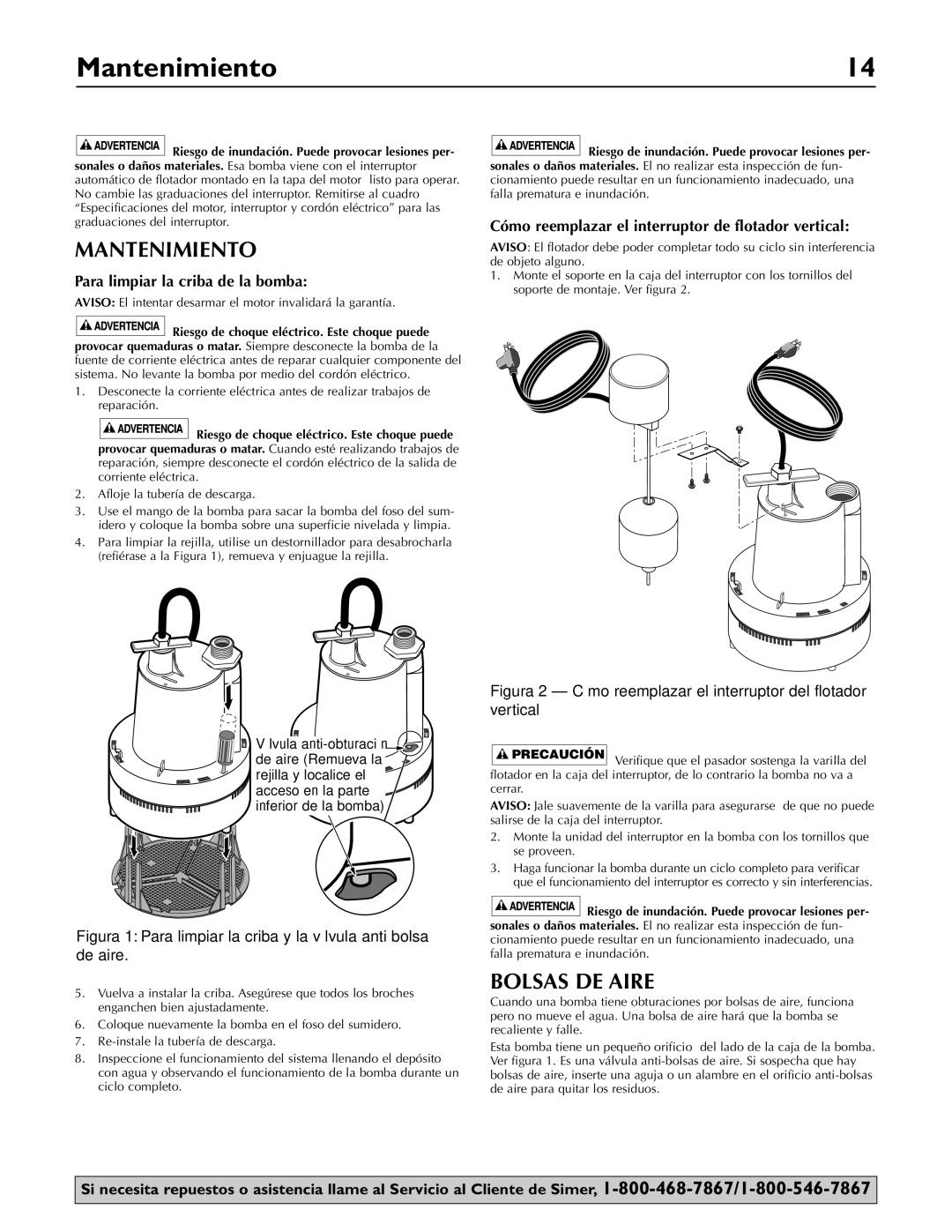 Simer Pumps 2957-04, 2955-04, 2905-04 owner manual Mantenimiento, Bolsas DE Aire 