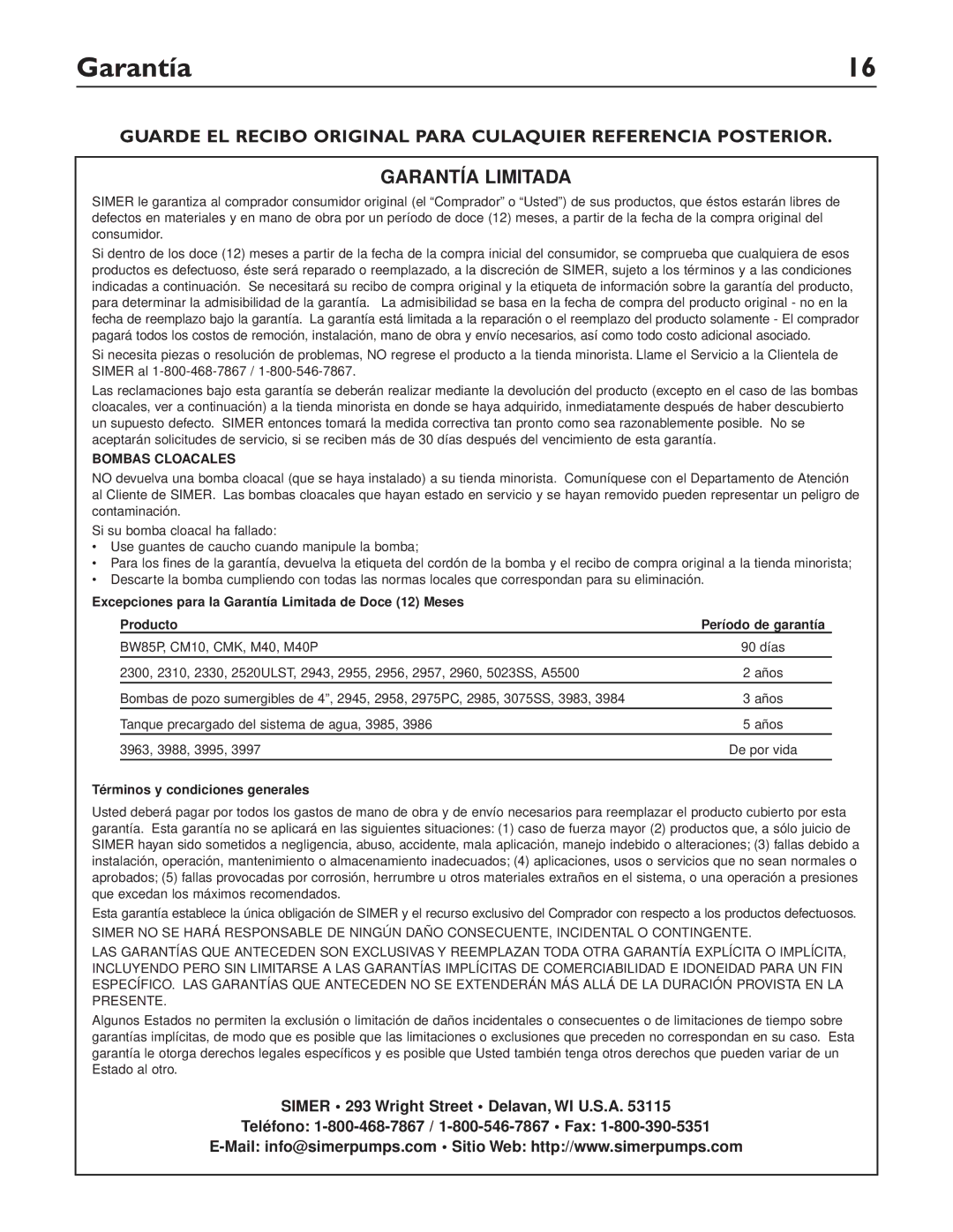 Simer Pumps 2905-04, 2955-04, 2957-04 owner manual Garantía Limitada 