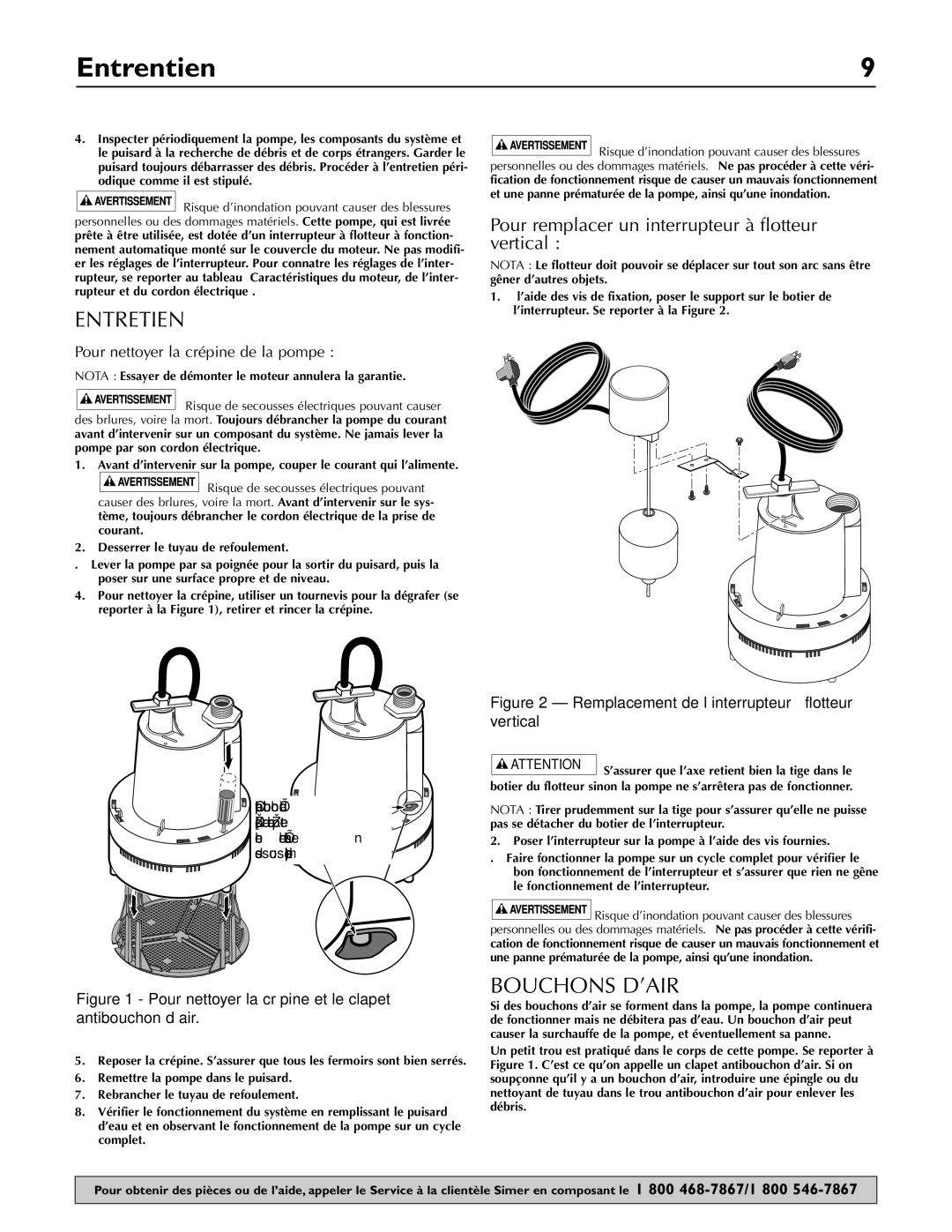 Simer Pumps 2955-04, 2905-04, 2957-04 owner manual Entrentien, Entretien, Bouchons D’AIR 