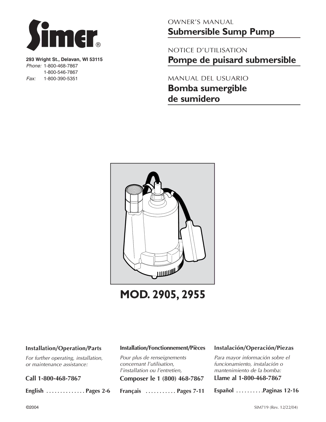 Simer Pumps 2905, 2955 owner manual Submersible Sump Pump Pompe de puisard submersible, Paginas 