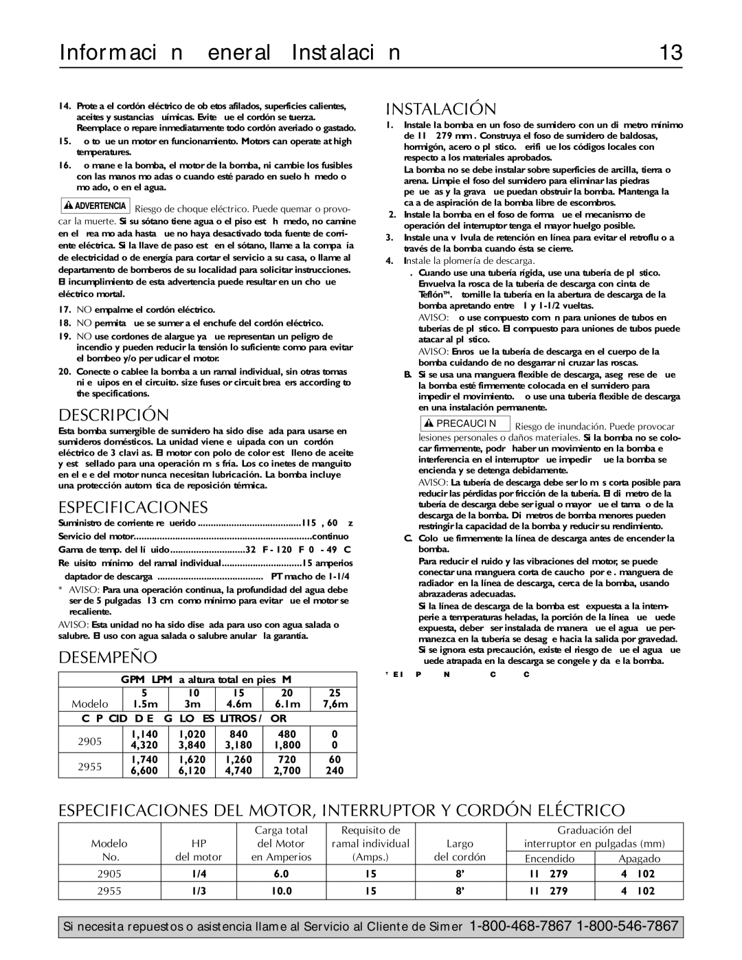 Simer Pumps 2905, 2955 owner manual Información General / Instalación 