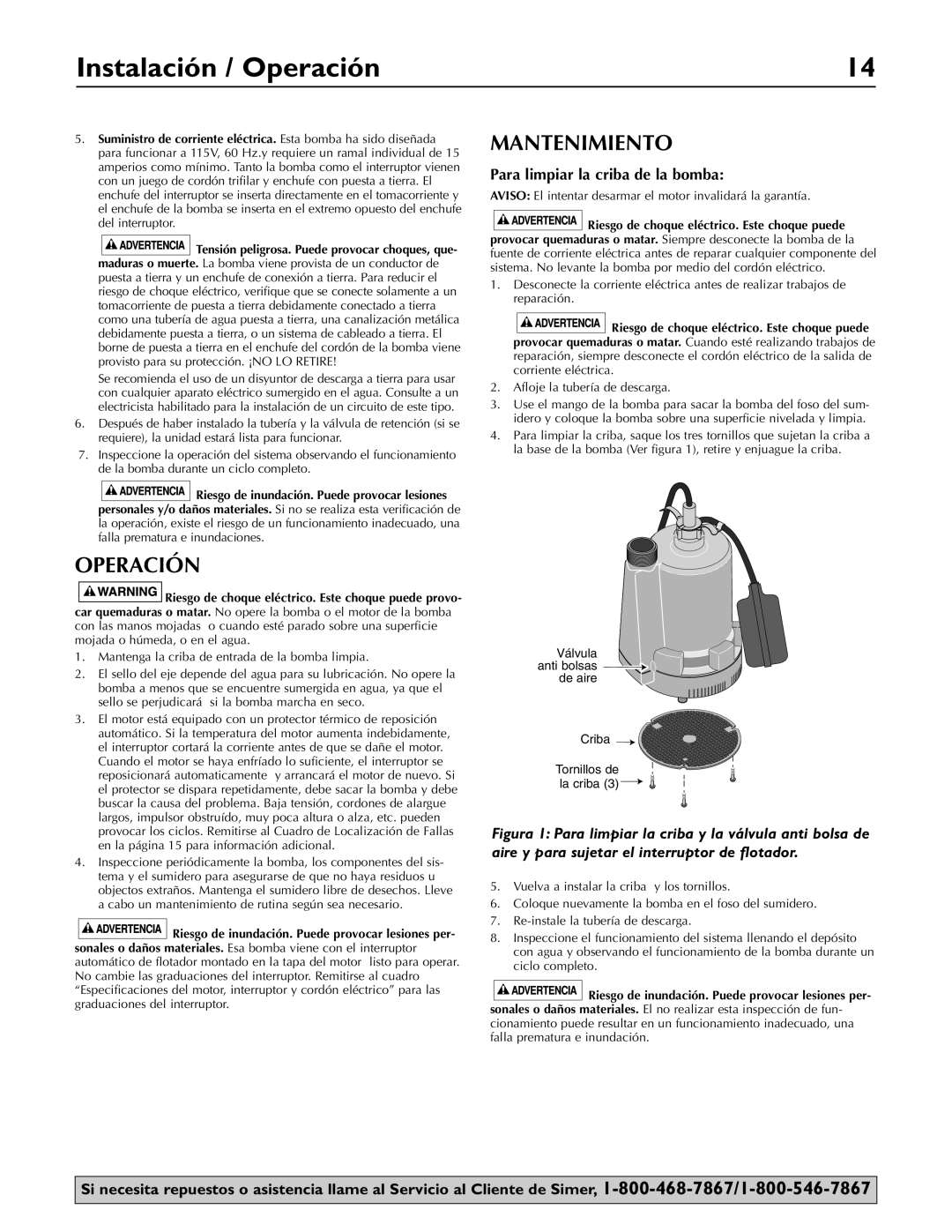 Simer Pumps 2955, 2905 owner manual Instalación / Operación, Mantenimiento, Para limpiar la criba de la bomba 