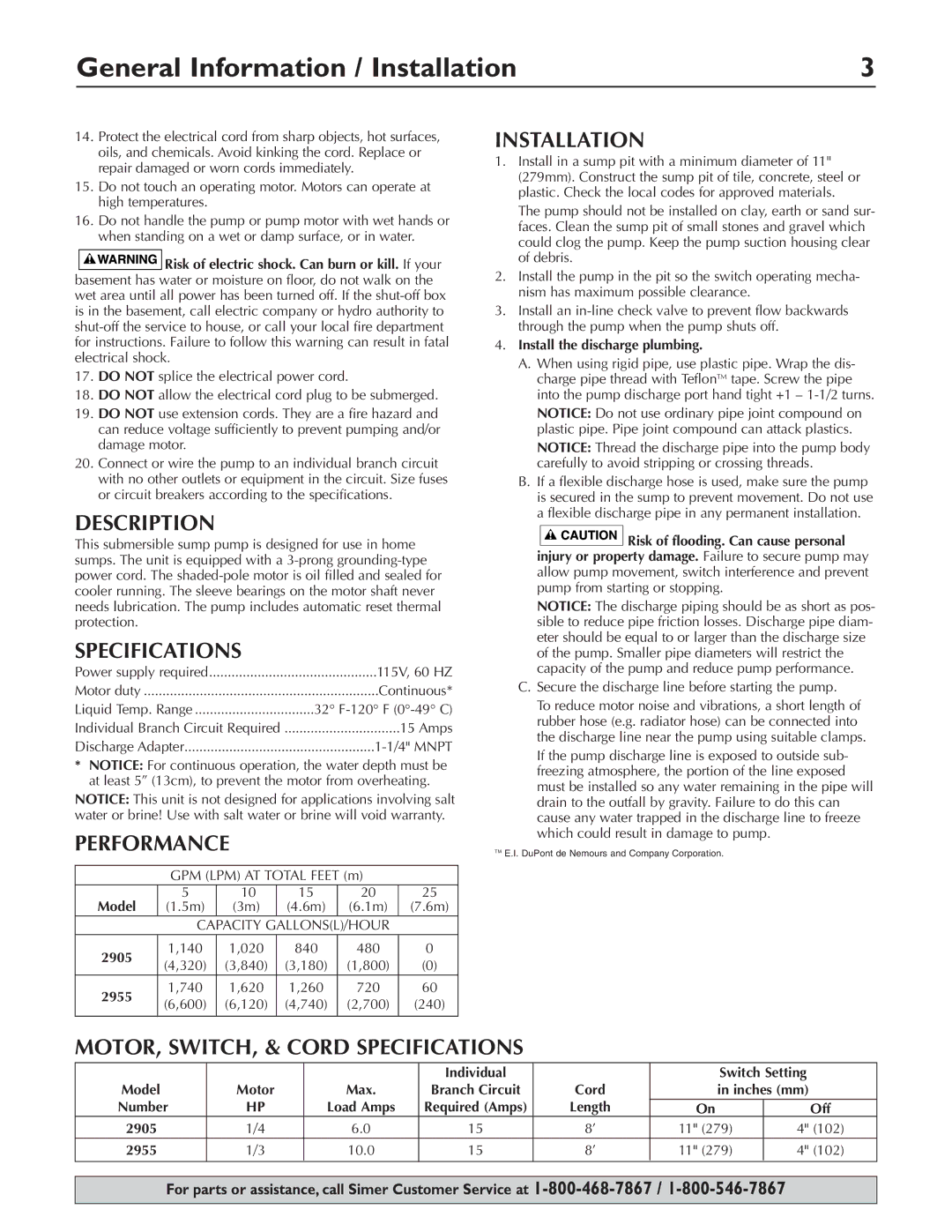 Simer Pumps 2905, 2955 owner manual General Information / Installation 