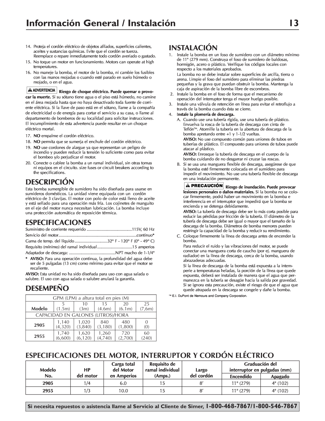 Simer Pumps 2905, 2955 owner manual Información General / Instalación, Descripción, Especificaciones, Desempeño 