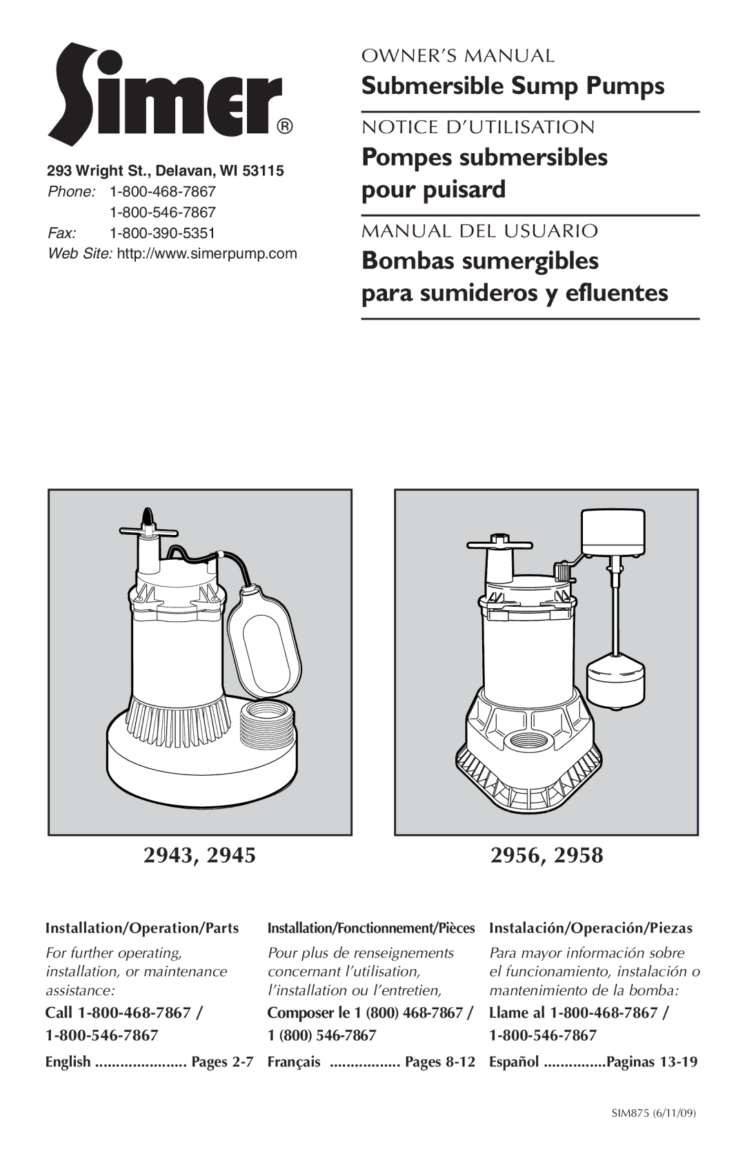 Simer Pumps 2958, 2945 owner manual Bombas sumergibles Para sumideros y efluentes, 2943 2956 