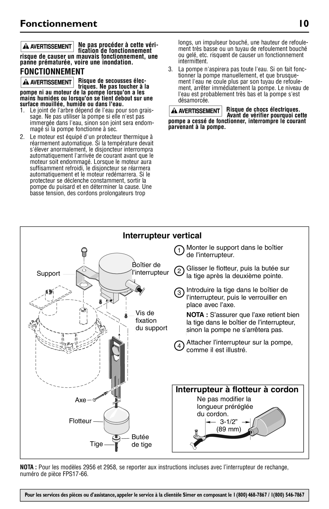 Simer Pumps 2945, 2958, 2956, 2943 owner manual Fonctionnement 