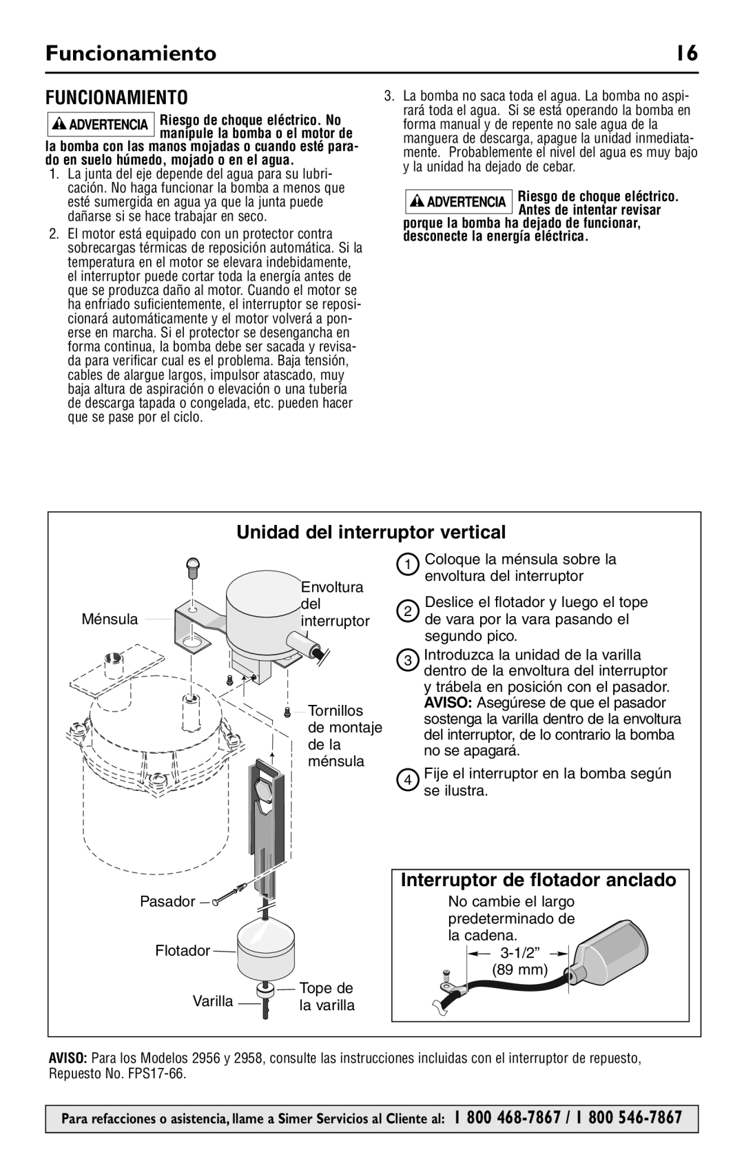 Simer Pumps 2958, 2956, 2945, 2943 owner manual Funcionamiento, Riesgo de choque eléctrico. Antes de intentar revisar 