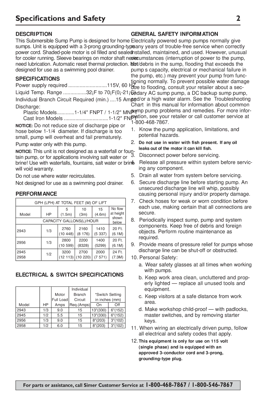 Simer Pumps 2945, 2958, 2956, 2943 Specifications and Safety, Description, Performance, General Safety Information 