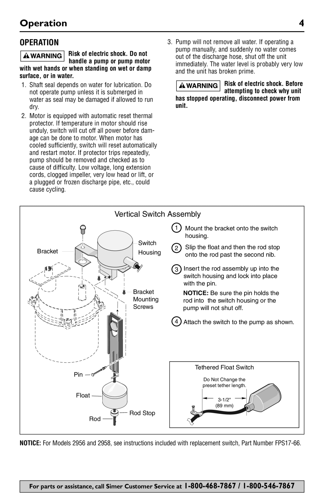 Simer Pumps 2958, 2956, 2945, 2943 owner manual Operation 