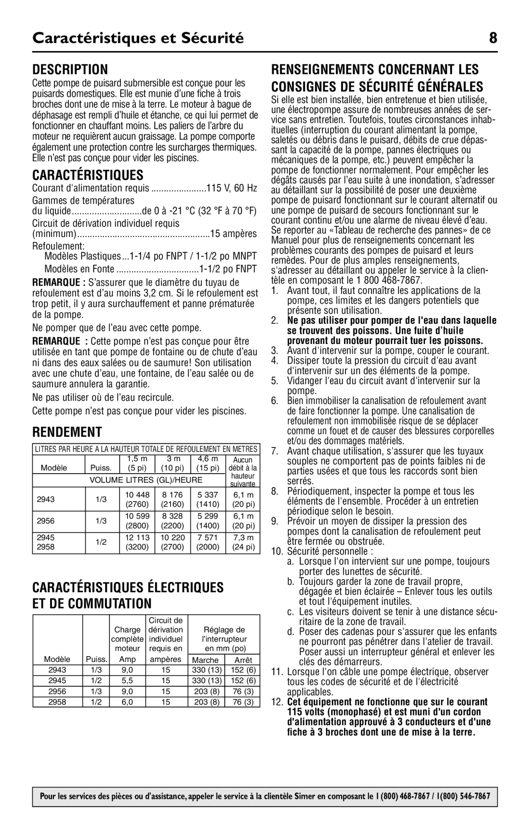 Simer Pumps 2958, 2956, 2945, 2943 owner manual Caractéristiques et Sécurité, Rendement 