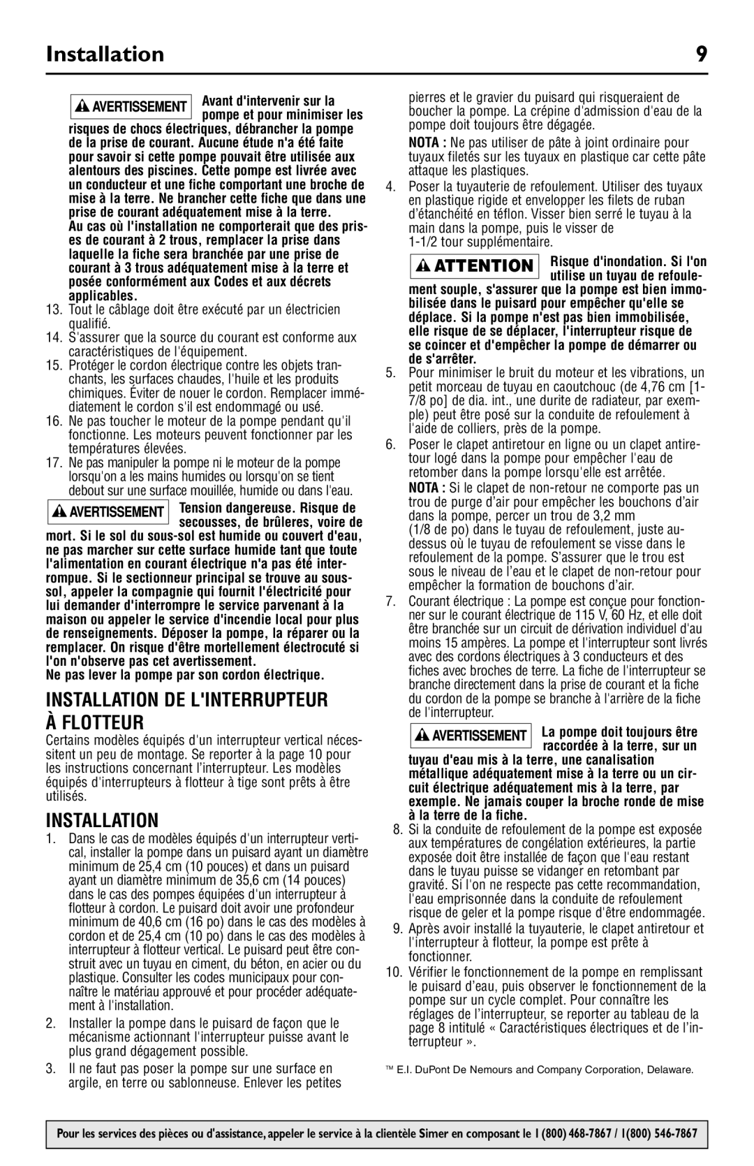 Simer Pumps 2956, 2958, 2945 Installation DE Linterrupteur À Flotteur, Ne pas lever la pompe par son cordon électrique 