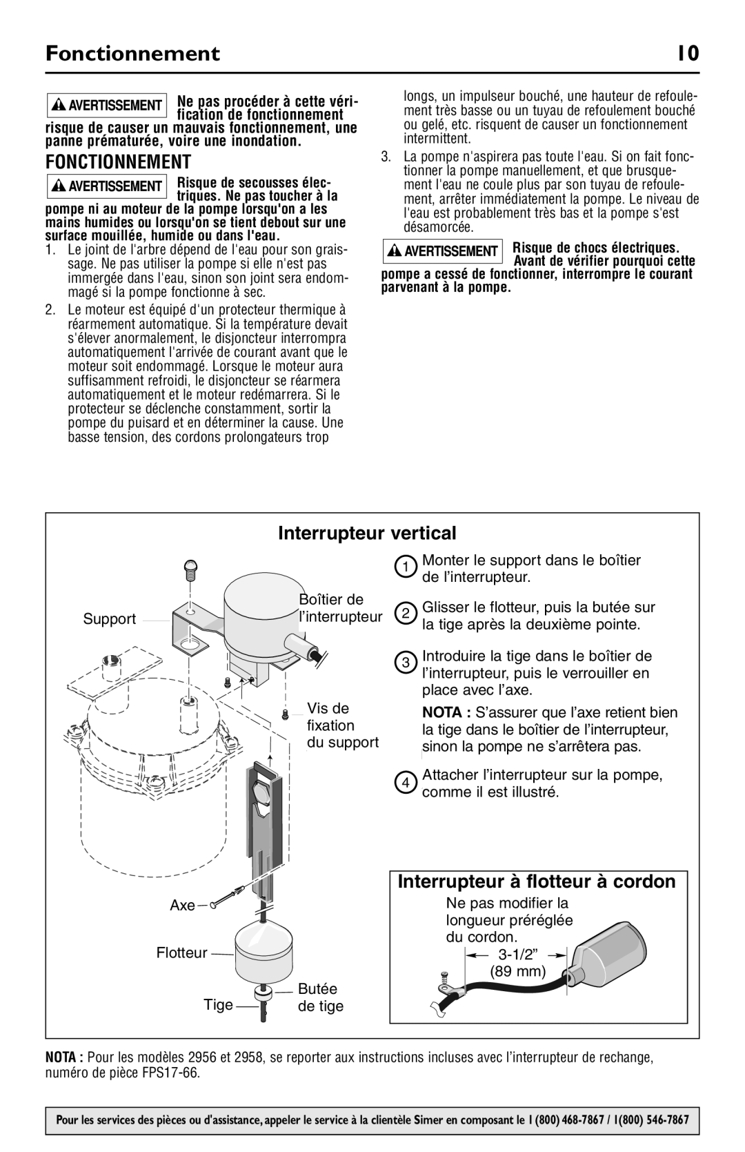 Simer Pumps 2945, 2958, 2956, 2943 owner manual Fonctionnement, Interrupteur vertical, Interrupteur à flotteur à cordon 