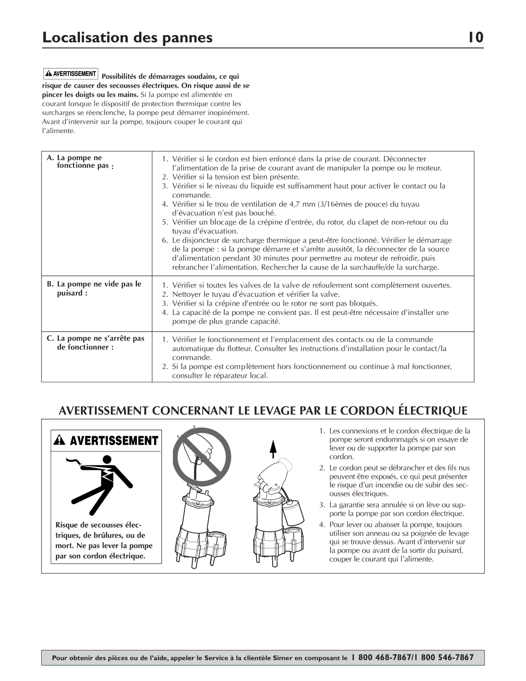 Simer Pumps 2961 owner manual Localisation des pannes, Avertissement Concernant LE Levage PAR LE Cordon Électrique 