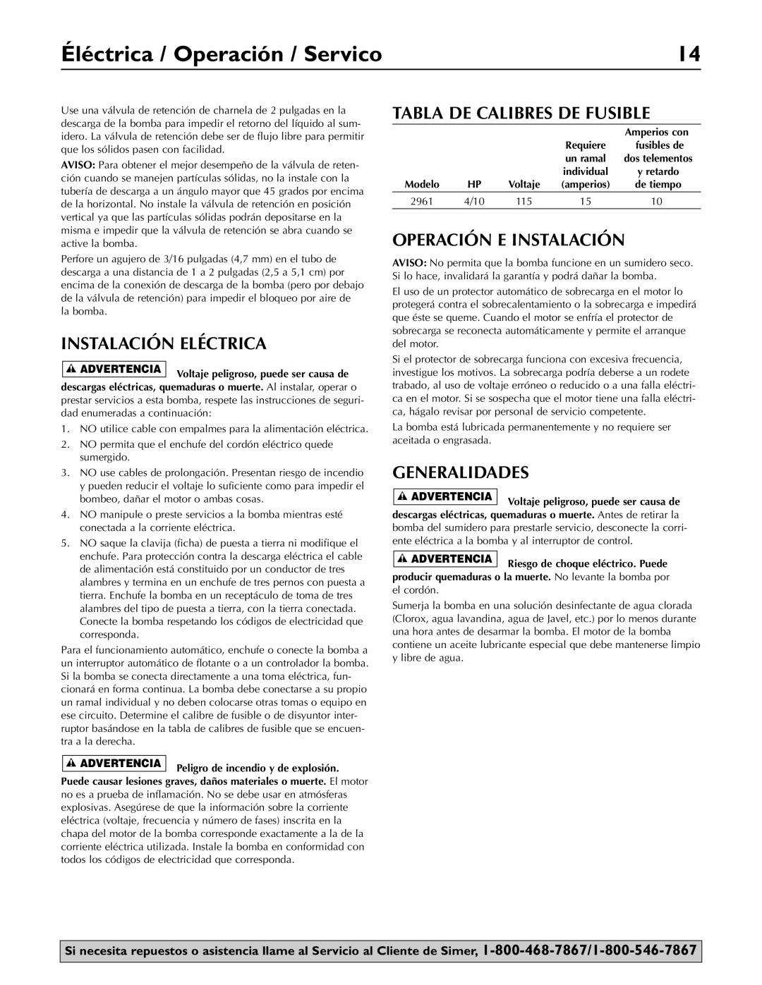 Simer Pumps 2961 Éléctrica / Operación / Servico, Instalación Eléctrica, Tabla DE Calibres DE Fusible, Generalidades 