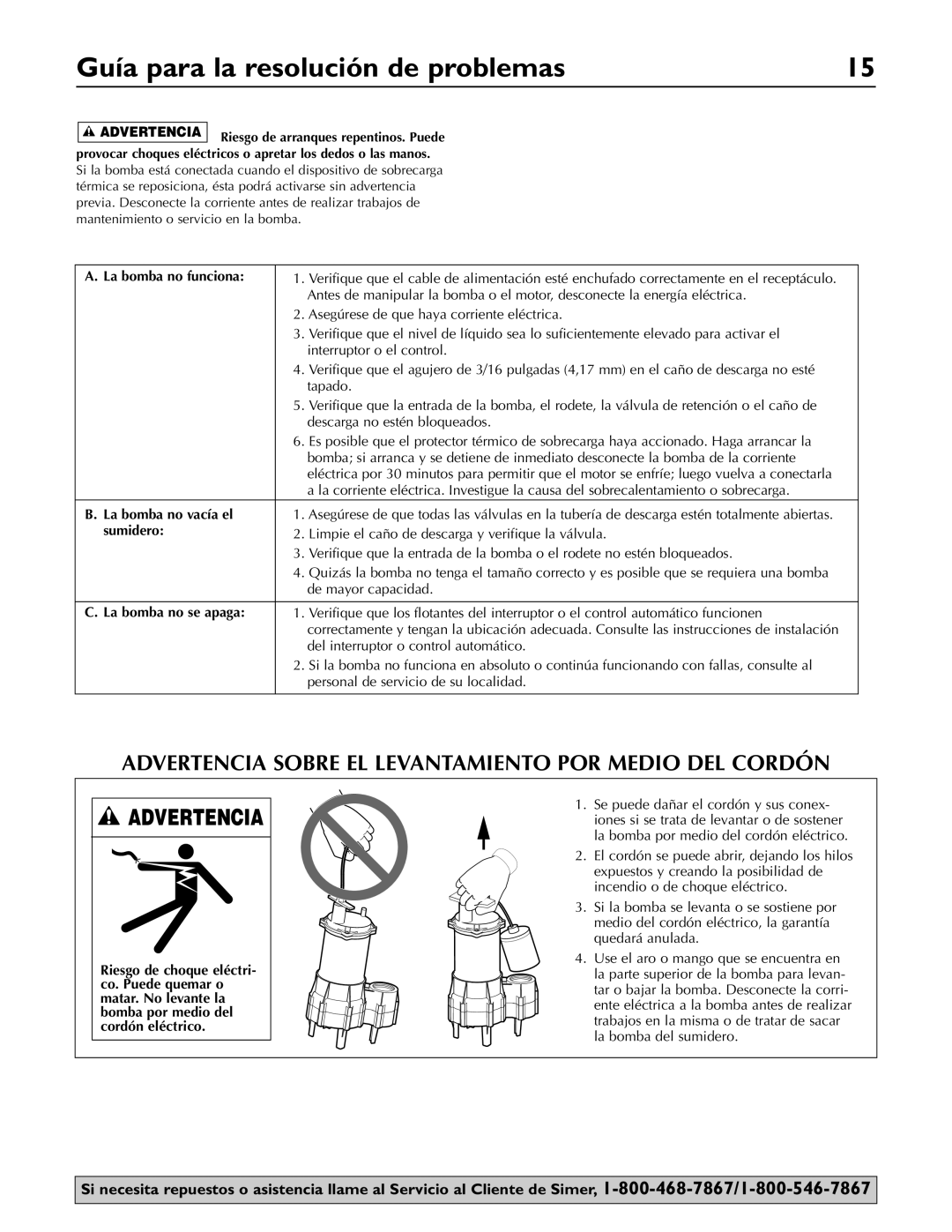 Simer Pumps 2961 owner manual Guía para la resolución de problemas, Advertencia Sobre EL Levantamiento POR Medio DEL Cordón 