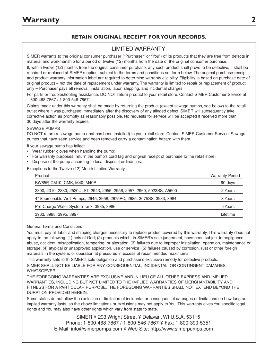 Simer Pumps 2961 owner manual Limited Warranty 