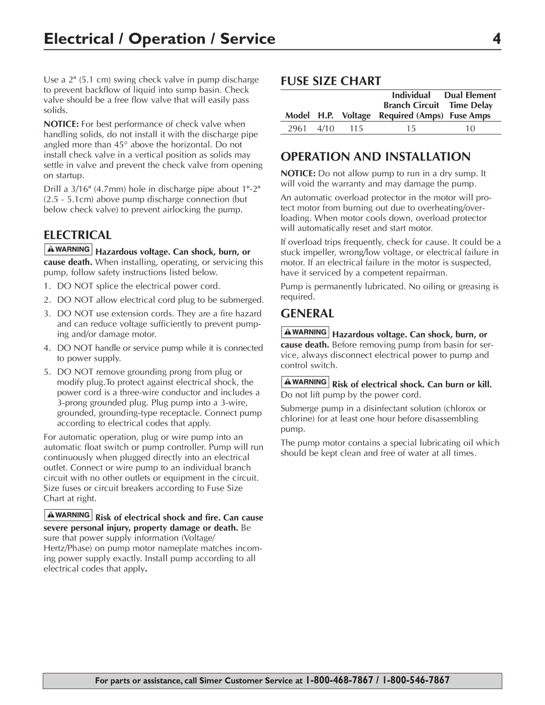 Simer Pumps 2961 owner manual Electrical / Operation / Service, Fuse Size Chart, Operation and Installation, General 