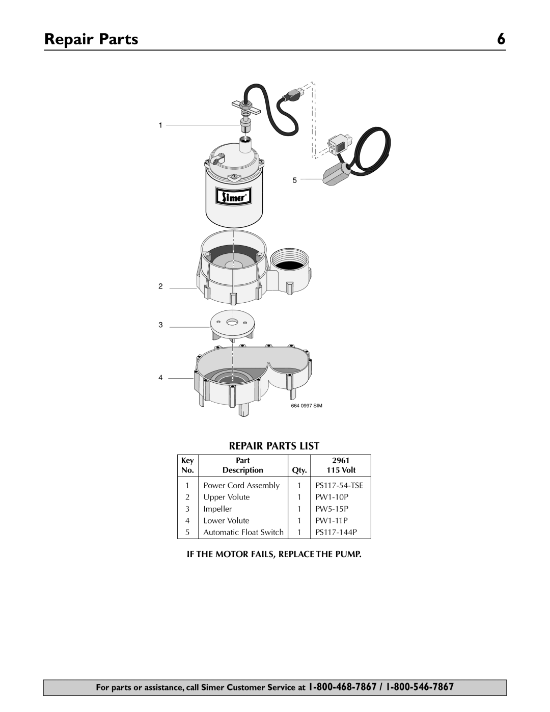 Simer Pumps owner manual Repair Parts, Key Part 2961 Description Qty Volt 