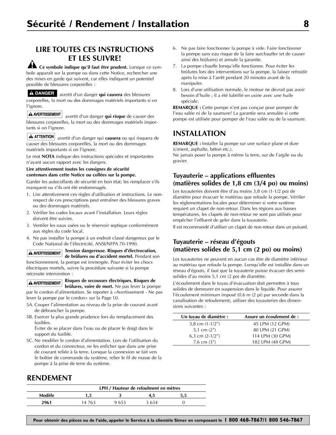 Simer Pumps 2961 owner manual Sécurité / Rendement / Installation, Lire Toutes CES Instructions ET LES Suivre 