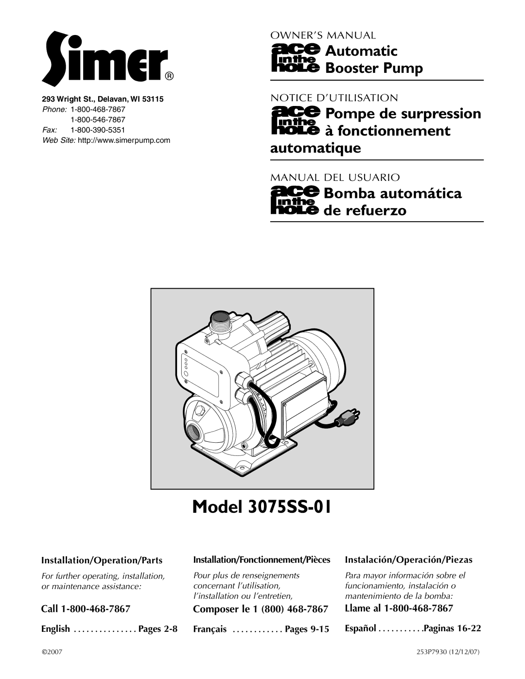 Simer Pumps 3075SS-01 owner manual Automatic Booster Pump, Automatique, Bomba automática de refuerzo, Pages 