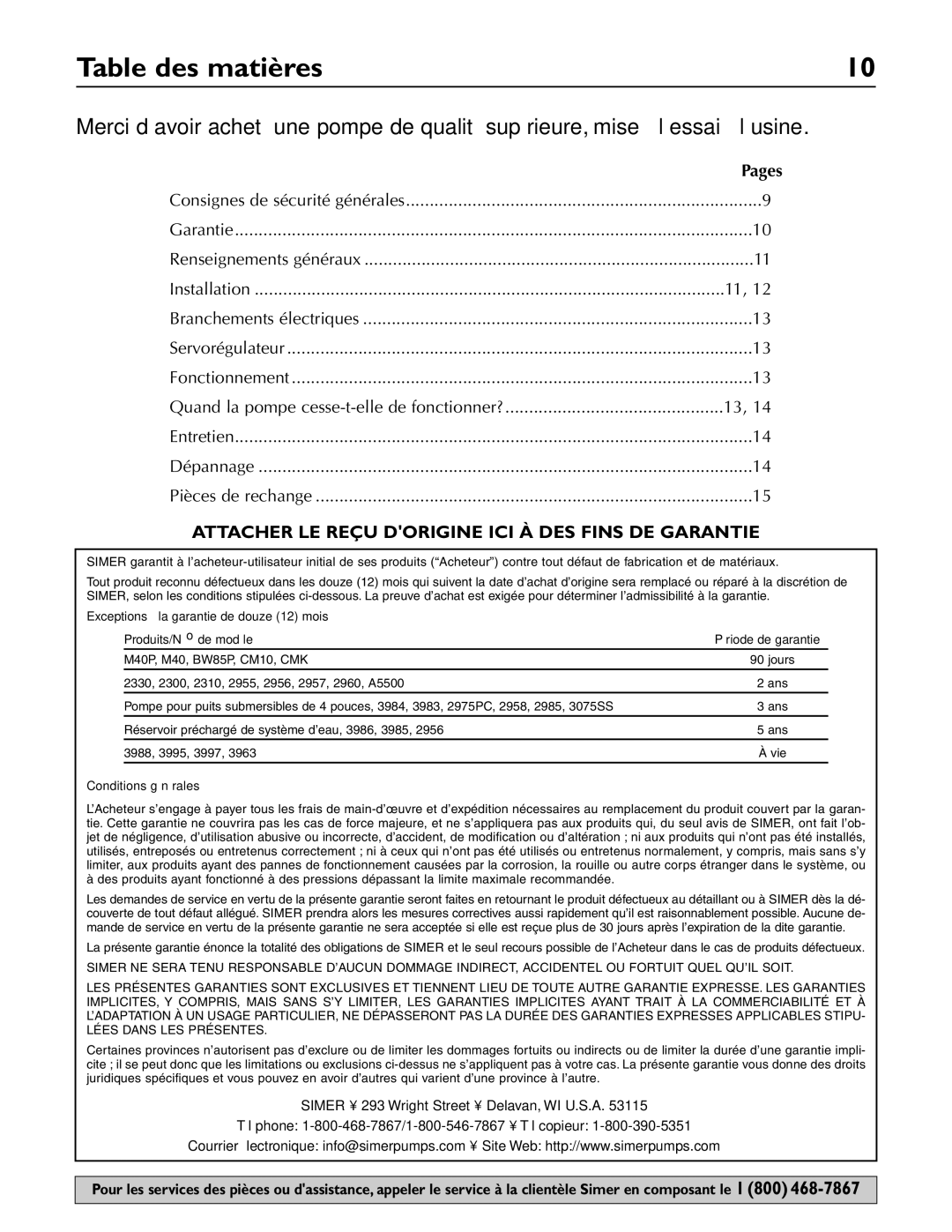 Simer Pumps 3075SS-01 owner manual Table des matières, Attacher LE Reçu Dorigine ICI À DES Fins DE Garantie 