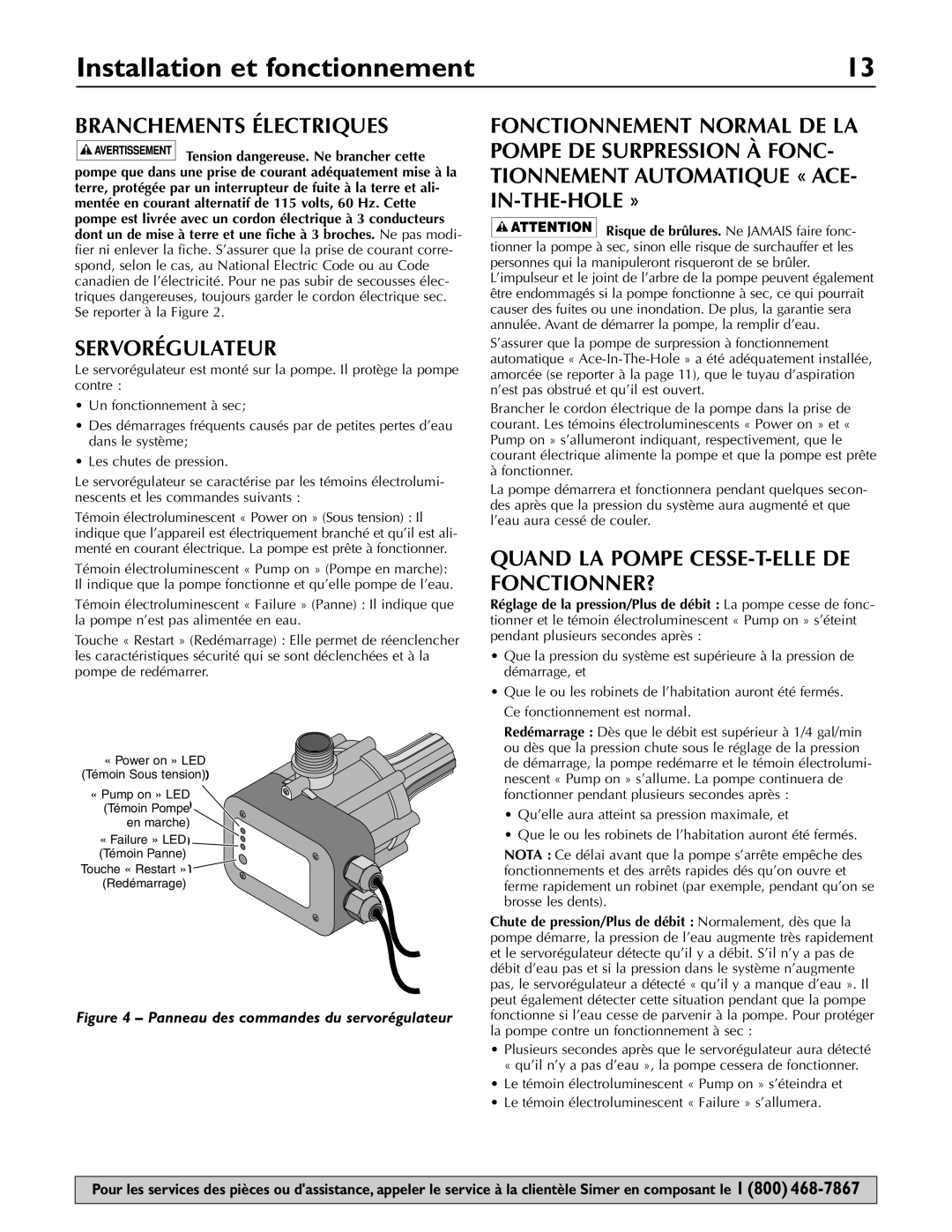 Simer Pumps 3075SS-01 owner manual Installation et fonctionnement, Branchements Électriques, Servorégulateur 