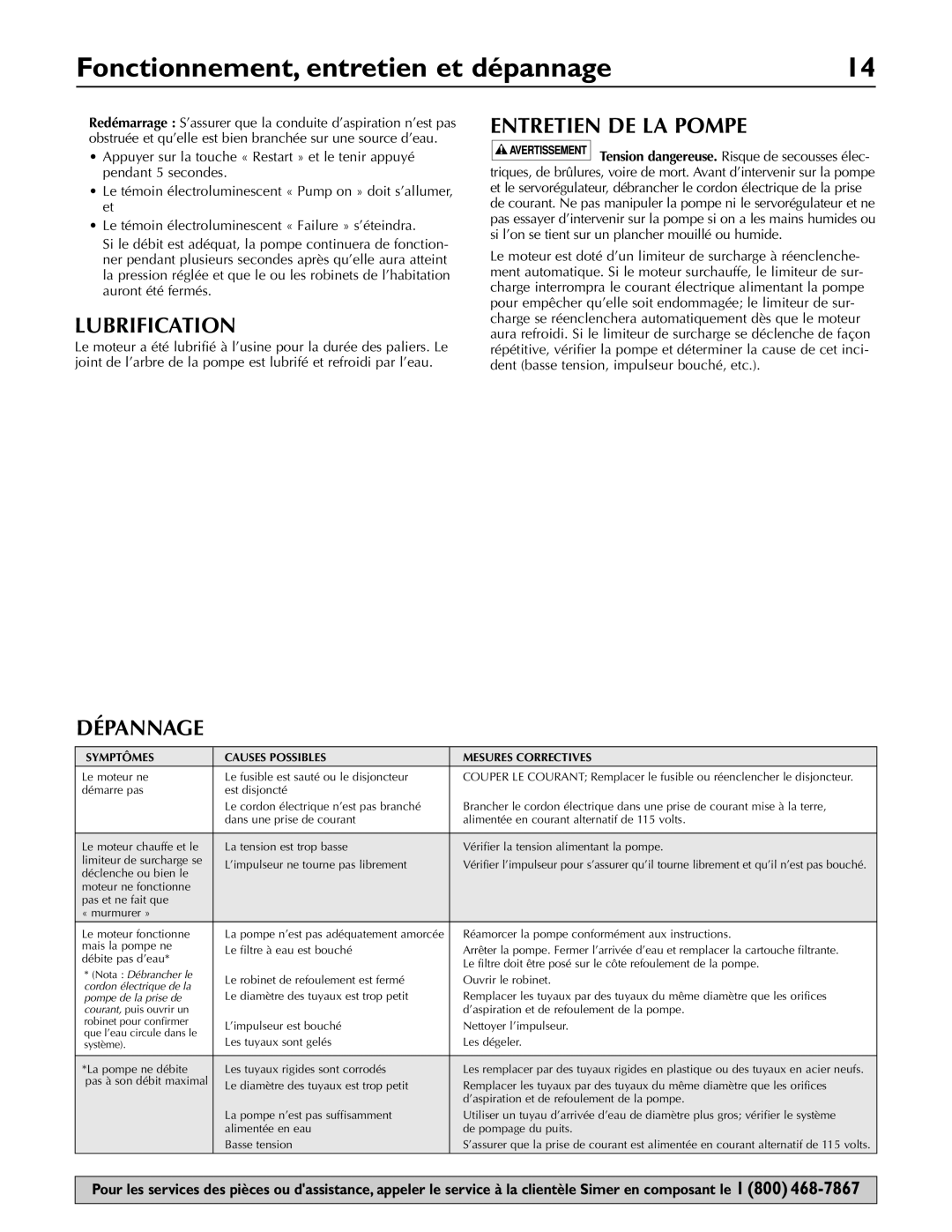 Simer Pumps 3075SS-01 owner manual Fonctionnement, entretien et dépannage, Lubrification, Dépannage Entretien DE LA Pompe 