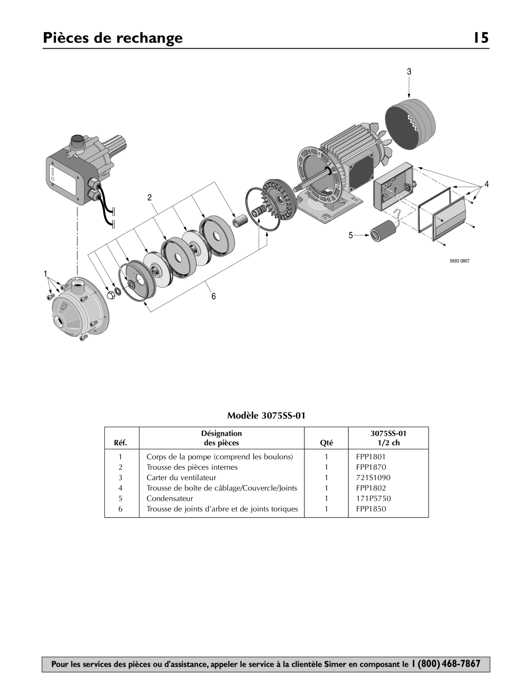 Simer Pumps owner manual Pièces de rechange, Modèle 3075SS-01, Désignation 3075SS-01, Des pièces Qté 