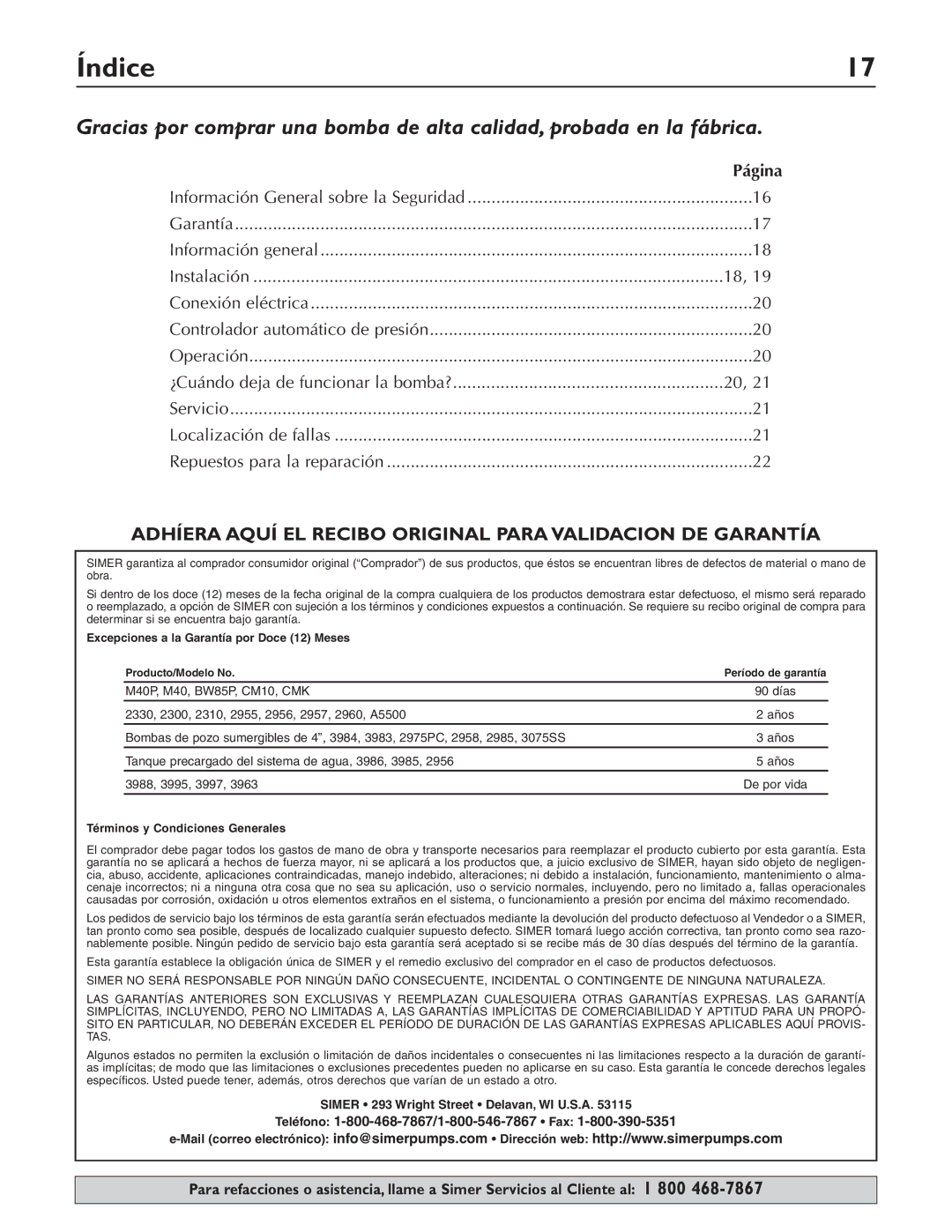 Simer Pumps 3075SS-01 owner manual Índice, Página 