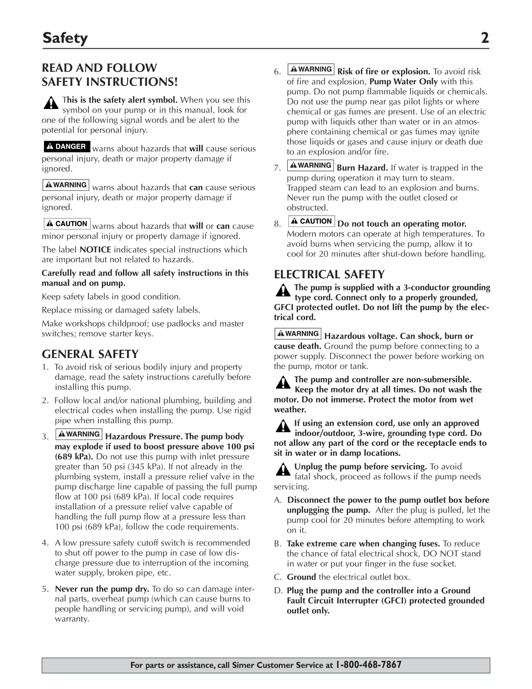 Simer Pumps 3075SS-01 owner manual Read and Follow Safety Instructions, General Safety, Electrical Safety 