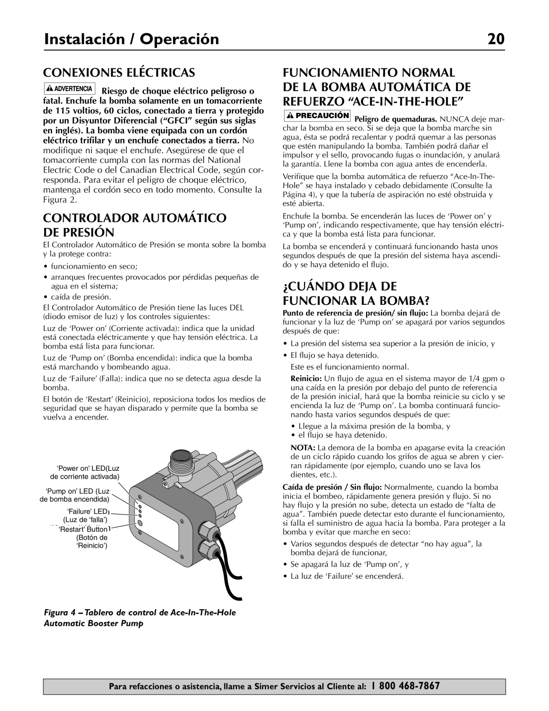 Simer Pumps 3075SS-01 owner manual Instalación / Operación, Conexiones Eléctricas, Controlador Automático DE Presión 