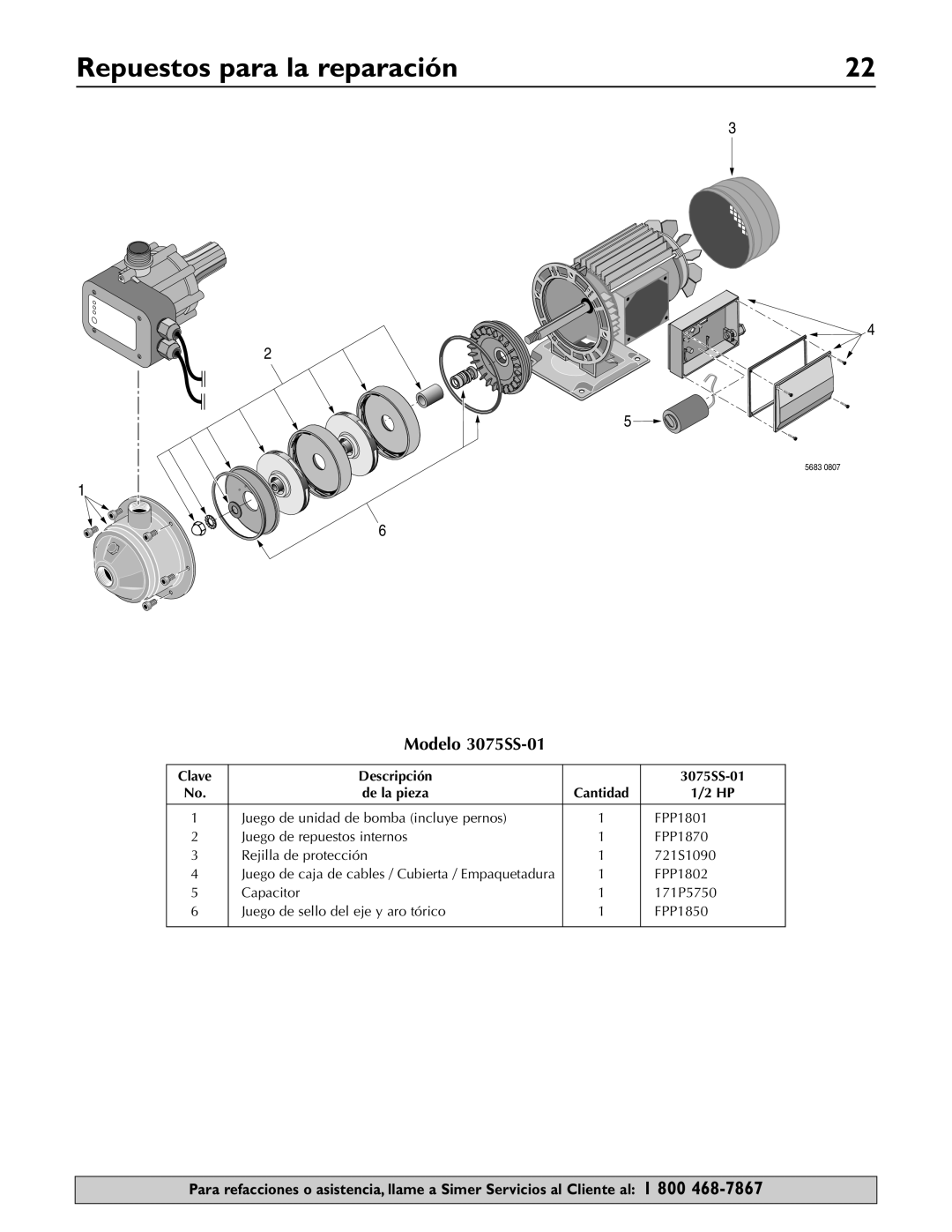 Simer Pumps owner manual Repuestos para la reparación, Modelo 3075SS-01, Clave Descripción 3075SS-01 De la pieza 