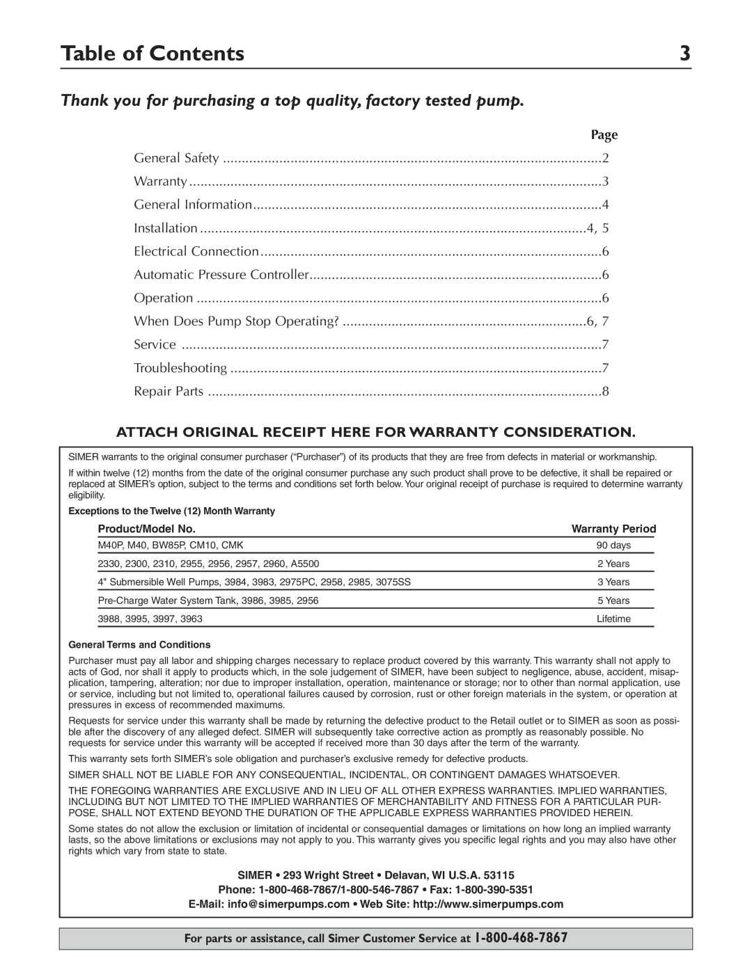 Simer Pumps 3075SS-01 owner manual Table of Contents 