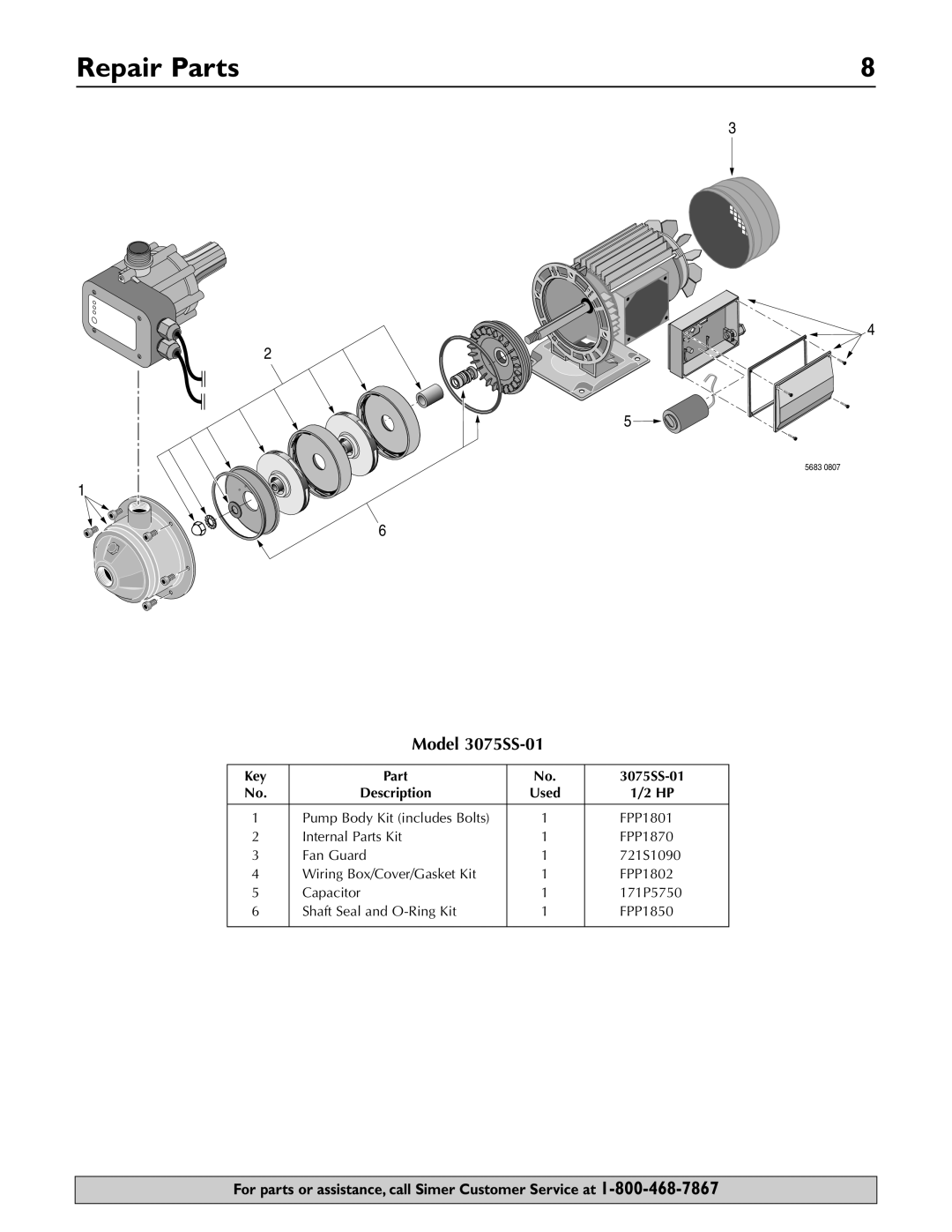 Simer Pumps owner manual Repair Parts, Model 3075SS-01, Key Part 3075SS-01 Description 