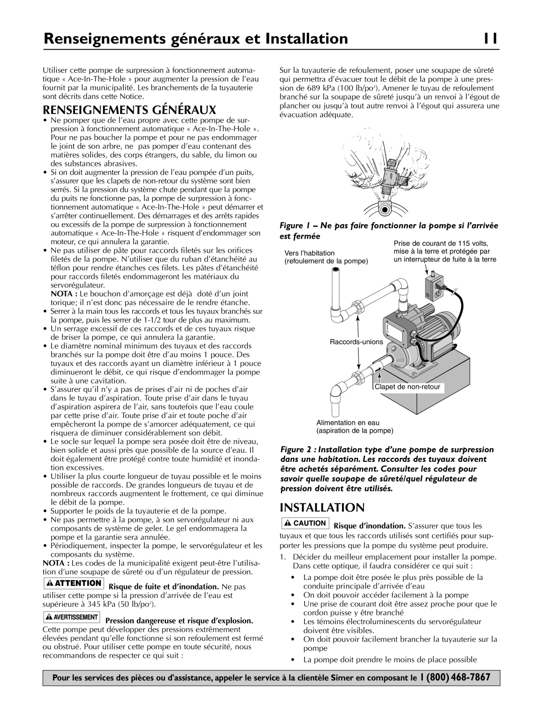 Simer Pumps 3075SS-01 owner manual Renseignements généraux et Installation, Renseignements Généraux 