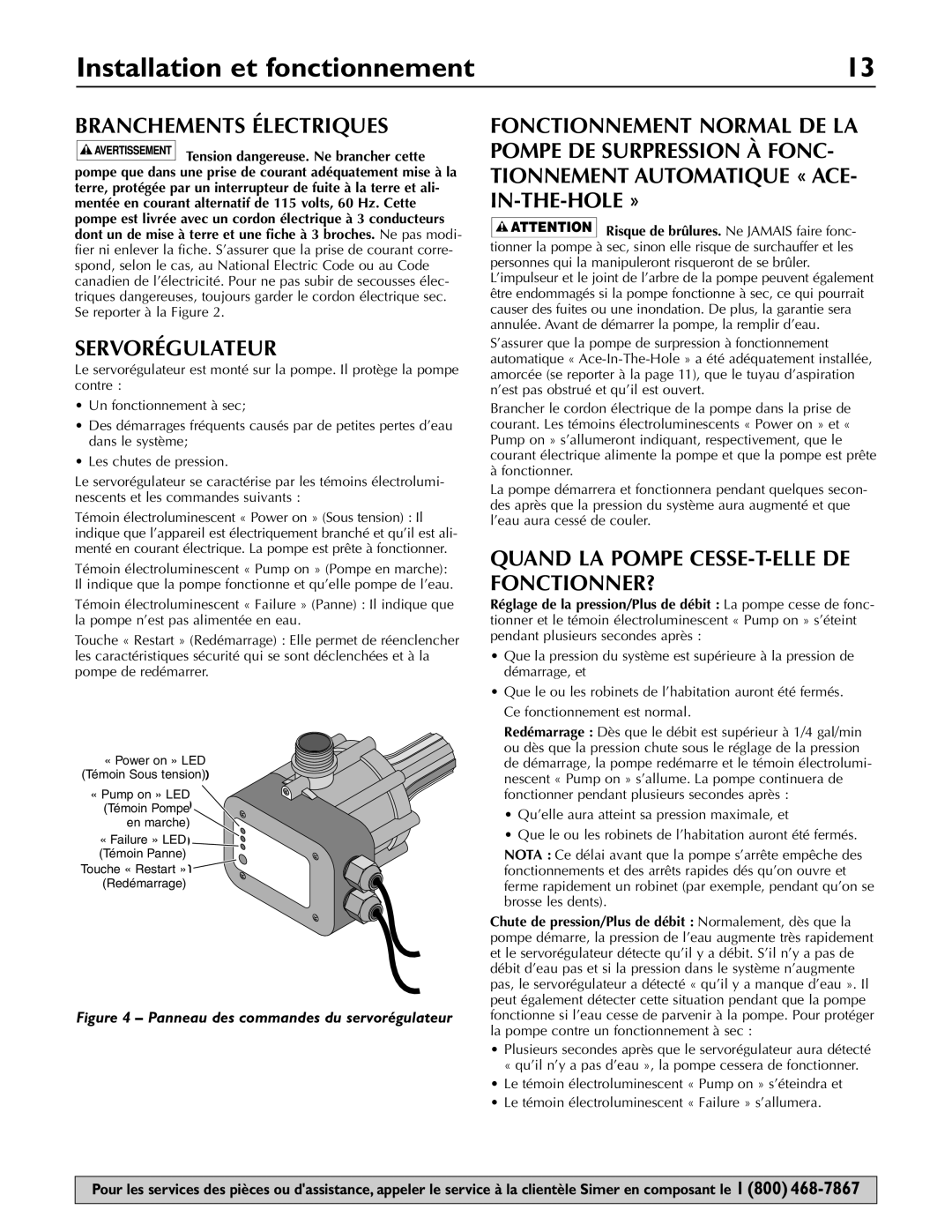 Simer Pumps 3075SS-01 Installation et fonctionnement, Branchements Électriques, Servorégulateur, «‘FailFailurere’» LED 